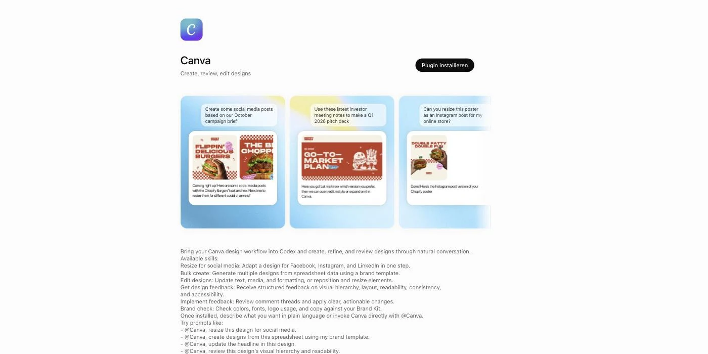 The Canva plugin detail page in ChatGPT with install button and examples