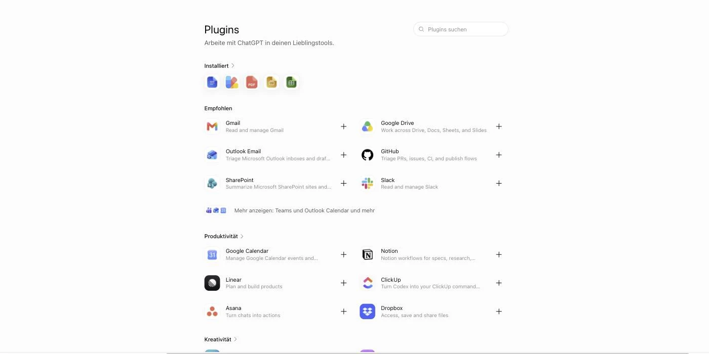 The plugin directory in ChatGPT with categories like Suggested, Productivity, and Creativity