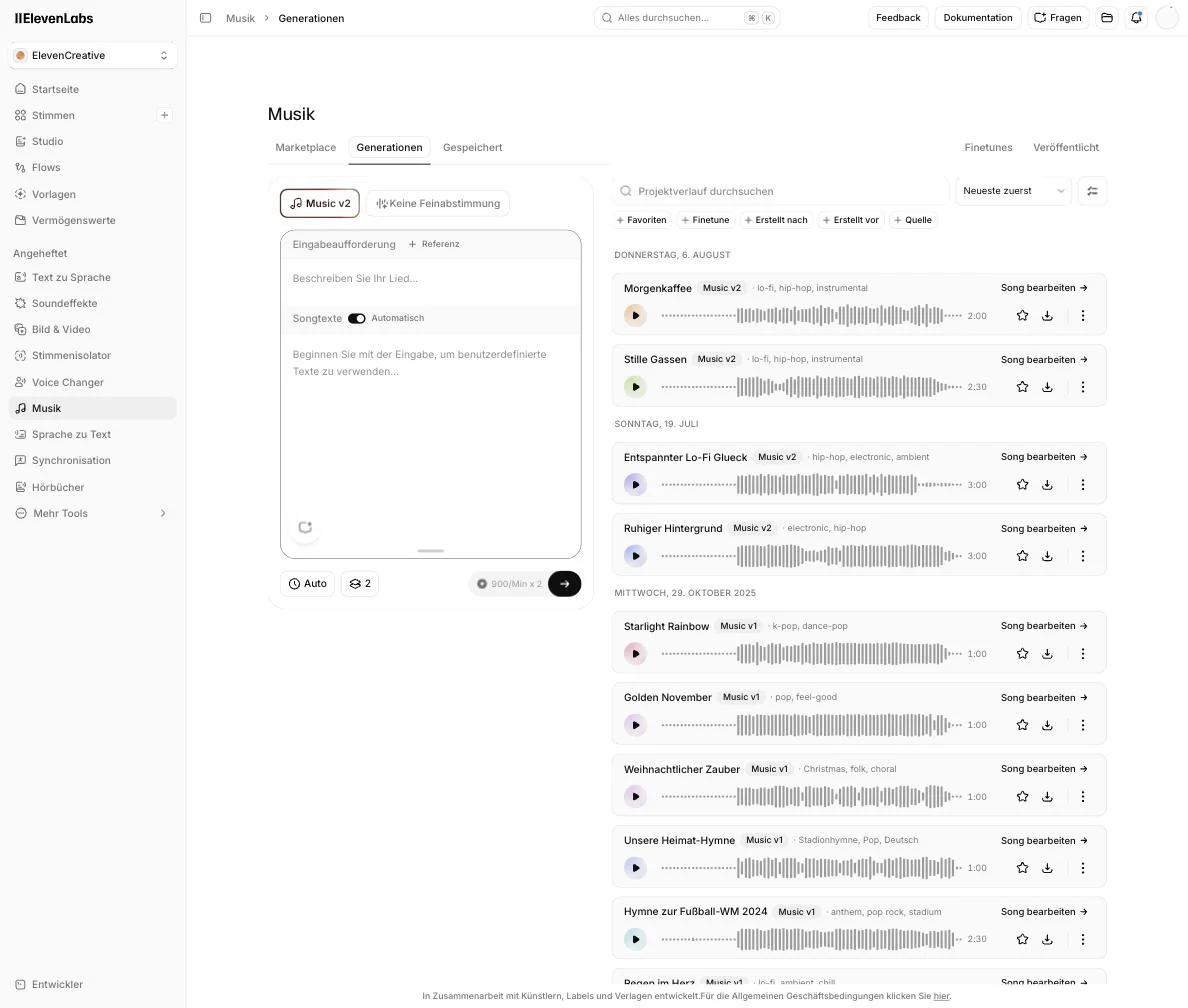 ElevenLabs generation list on the Scale account with the two Auto variations Morgenkaffee (2:00 minutes) and Stille Gassen (2:30 minutes), the automatically assigned tags lo-fi, hip-hop, instrumental, and the measured credit usage of 4,115 credits for the generation