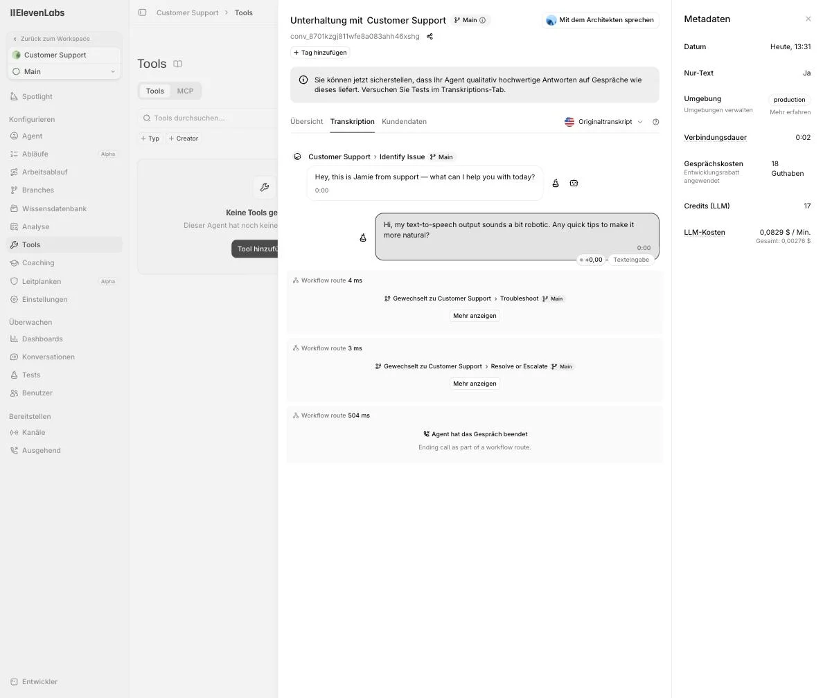 Detail page of an ElevenAgents test conversation with a word-level transcript, timestamps, and the workflow routes it ran through: Identify Issue, Troubleshoot, and Resolve or Escalate