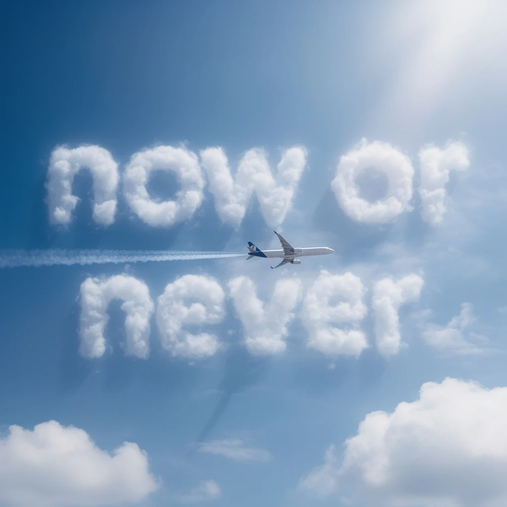 FLUX.2 [pro]: clouds forming the words now or never with a plane