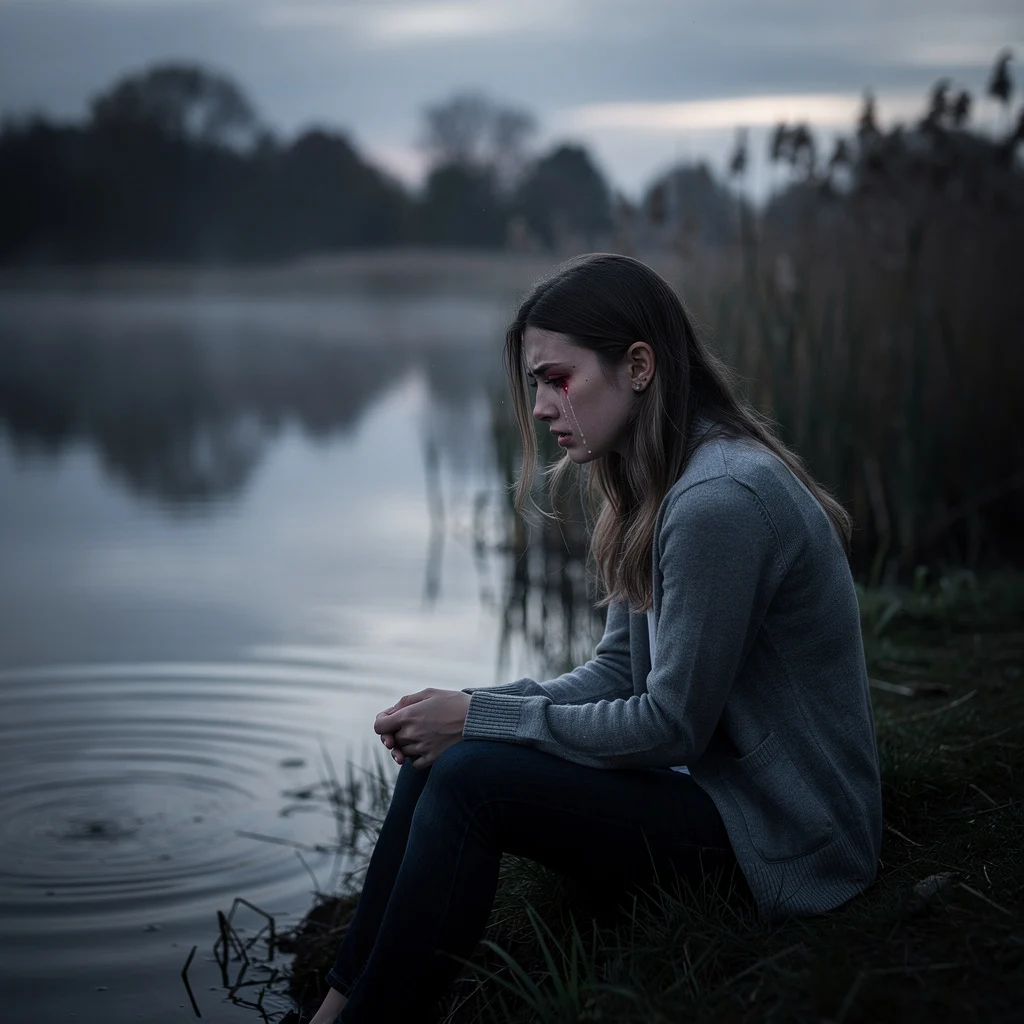 FLUX.2 [pro]: crying woman by a pond, photorealistic and melancholic