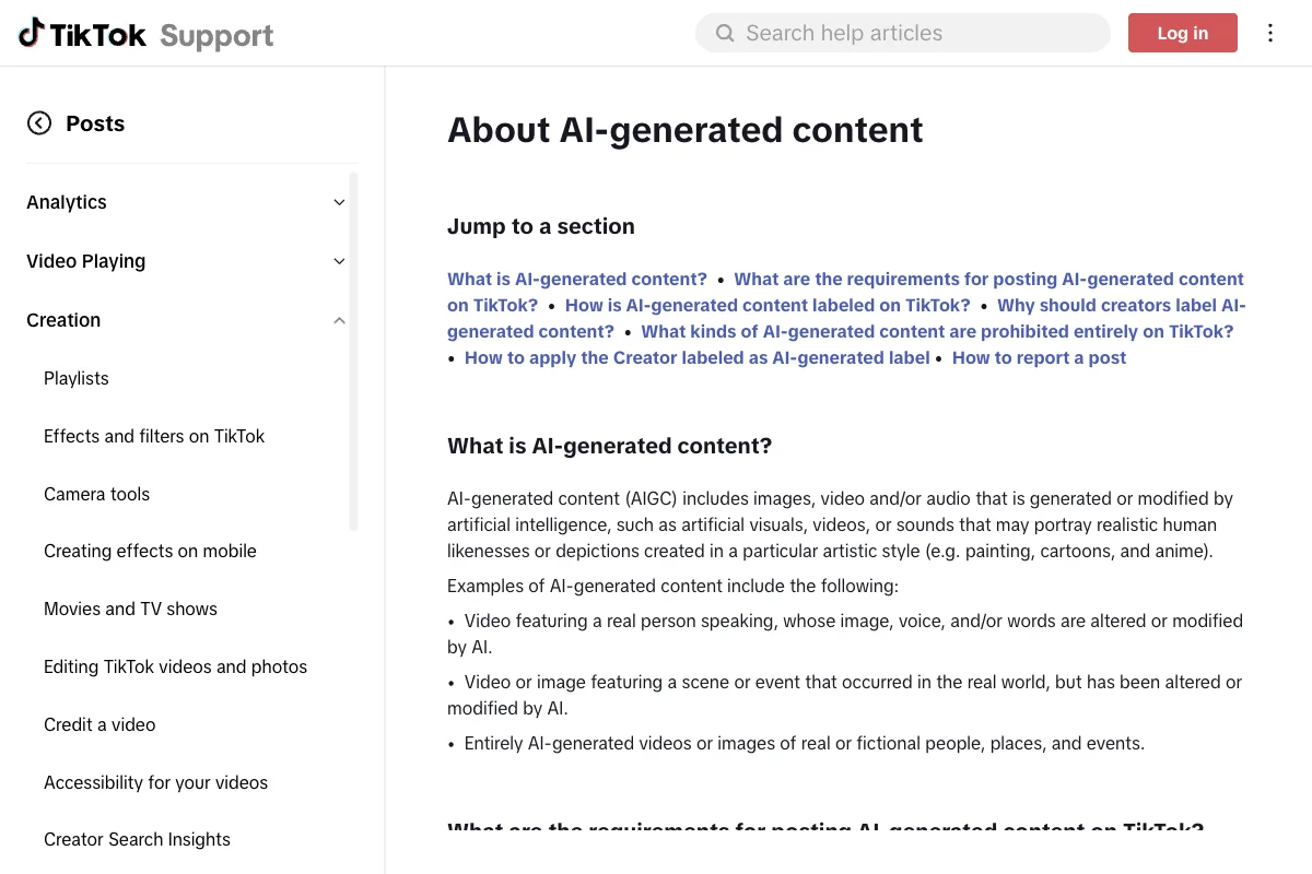 Current TikTok help page about labeling AI-generated content