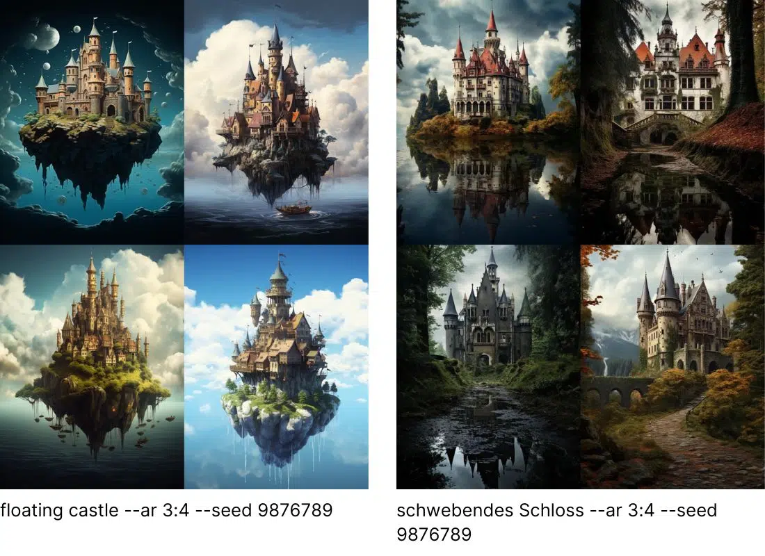 Comparison between floating castle and schwebendes Schloss prompts