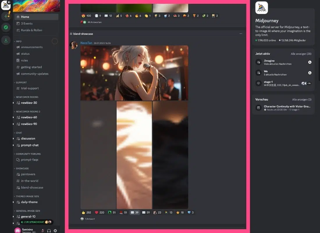 Discord third column of the Midjourney server overview
