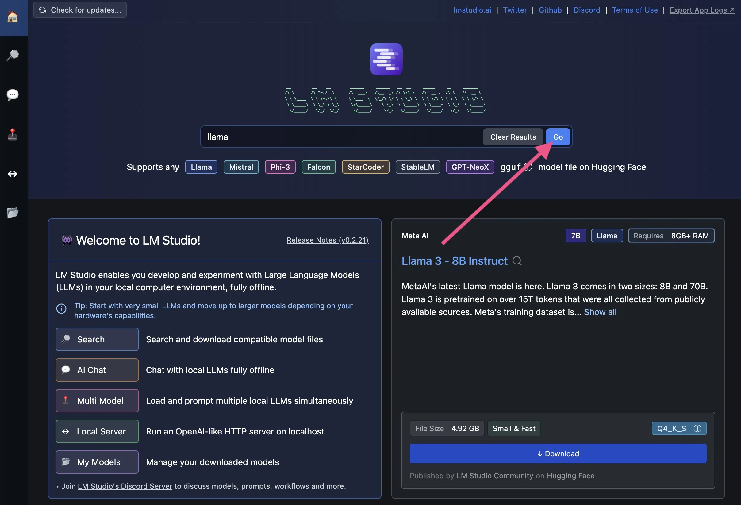 Search open source LLMs