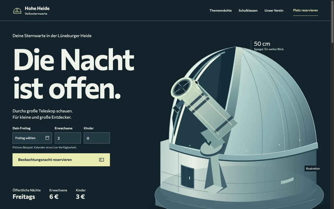 Preview of the example page for Volkssternwarte Hohe Heide