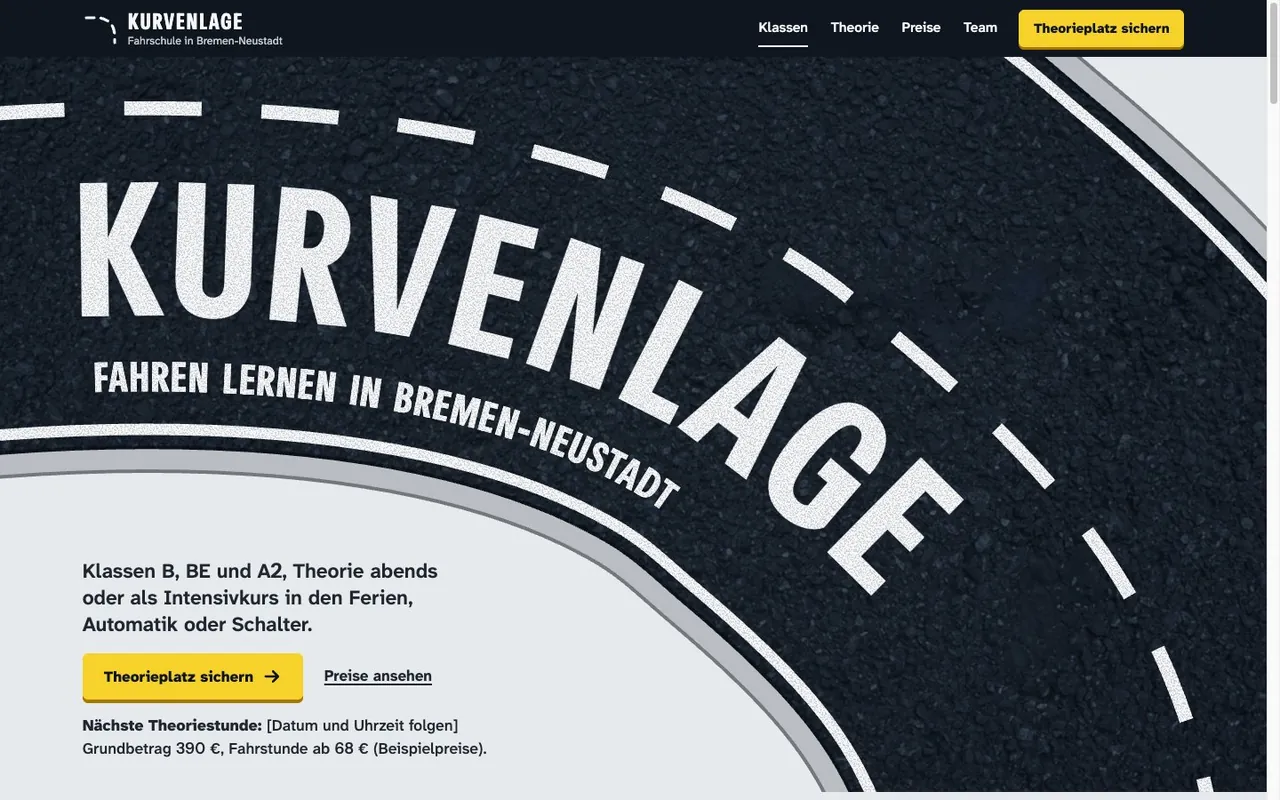 Preview of the example page for Fahrschule Kurvenlage