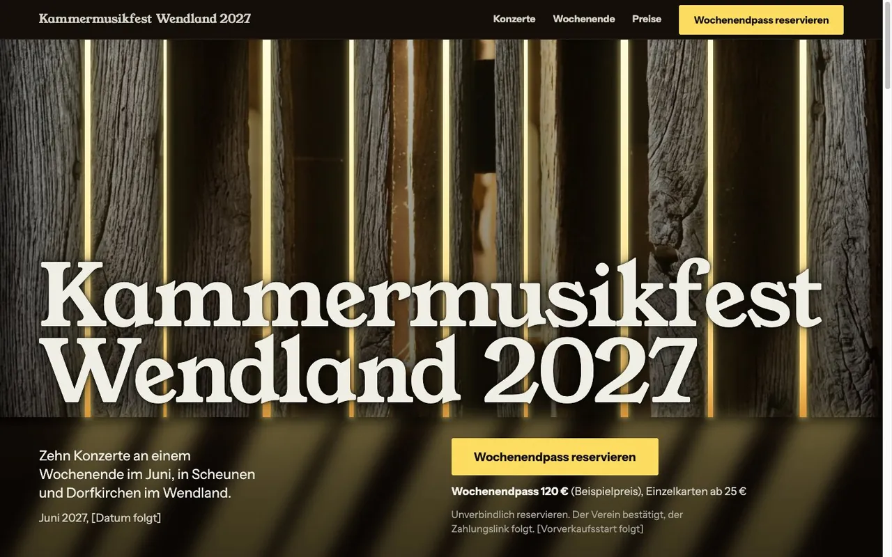 Preview of the example page for Kammermusikfest Wendland 2027