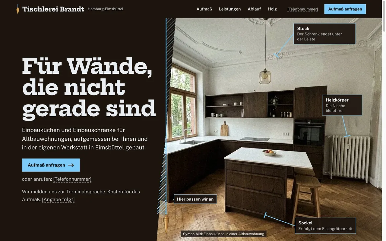Preview of the example page for Tischlerei Brandt