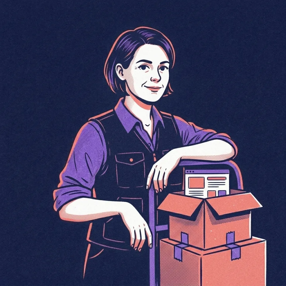 Illustration einer Frau in Arbeitsweste, die sich auf eine Sackkarre mit Umzugskartons stützt, aus dem oberen Karton schaut ein Browserfenster