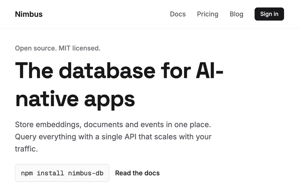 Homepage of a database tool: headline in Space Grotesk, body text in Inter, an npm install command in Geist Mono