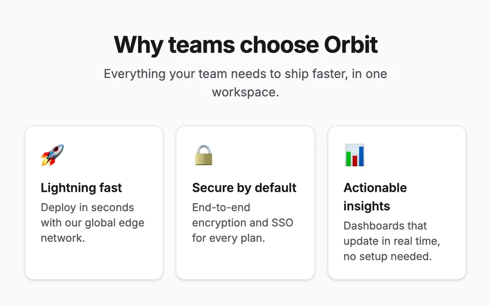 Three feature cards with a rocket, padlock and chart emoji in place of icons