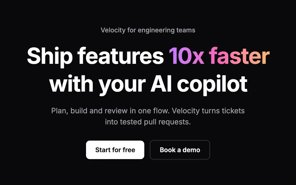 Dark hero with the white headline Ship features 10x faster with your AI copilot, the words 10x faster filled with a purple-to-orange gradient