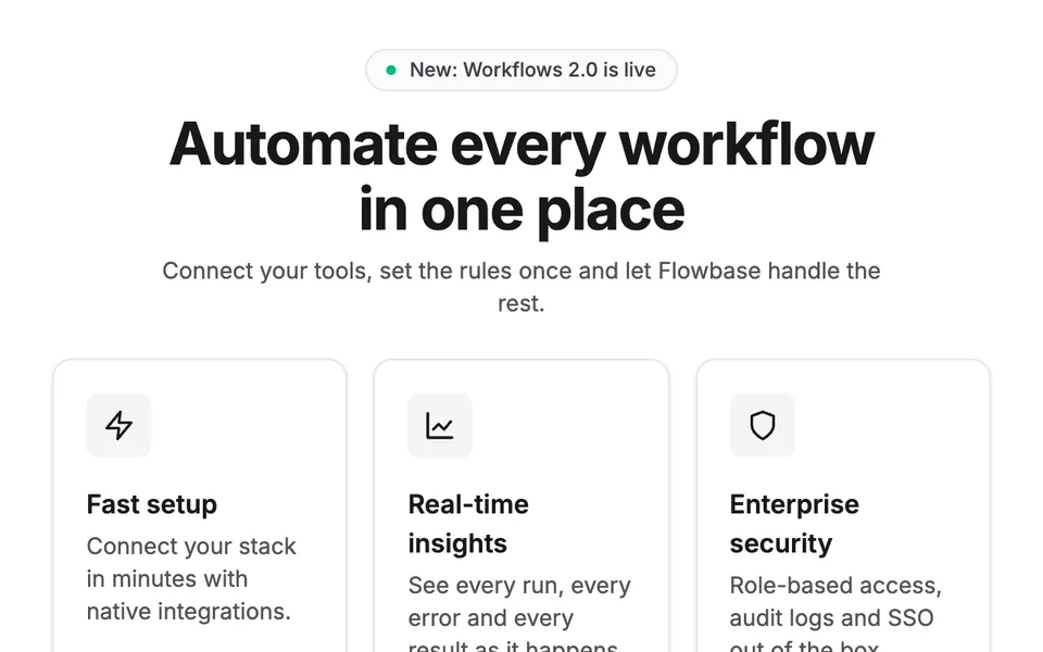 Centered hero with a small pill reading New: Workflows 2.0 is live, a large headline and three identical cards with an icon, a title and one sentence