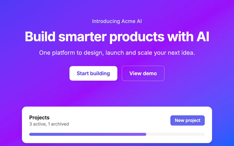 Hero with a purple-to-blue gradient, the white headline Build smarter products with AI and a white card with a purple button