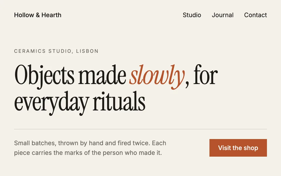 Cream-colored homepage of a ceramics studio with a serif headline, one italic rust-colored word and a rust-colored button