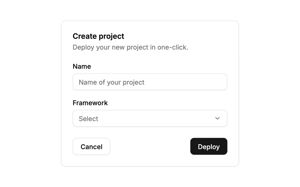 Form card titled Create project with a text field, a select and a black Deploy button in the untouched shadcn/ui look