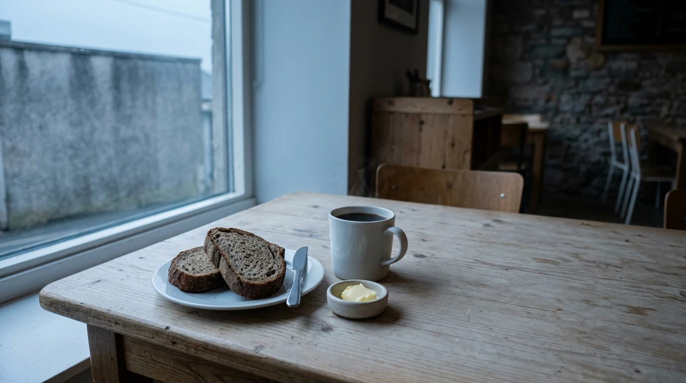 Ein heller Holztisch am Fenster mit zwei Scheiben Brot, Butter und einer Tasse Kaffee im grauen Morgenlicht