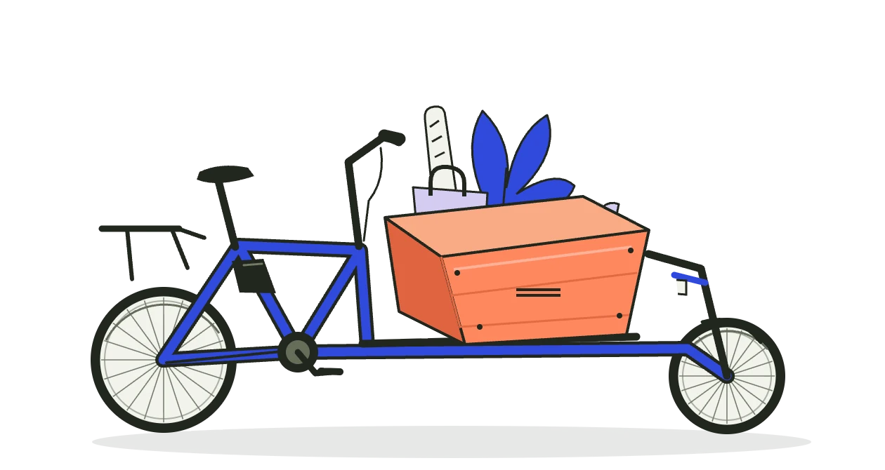 Gezeichnetes Lastenrad mit einer großen Ladebox, einer Einkaufstasche und einer Pflanze