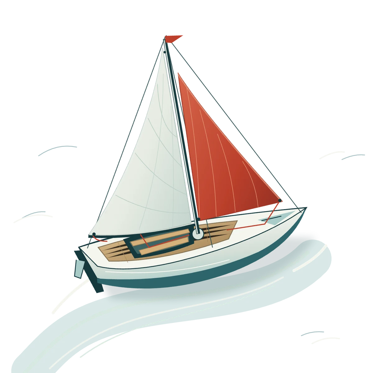 Illustration eines Segelboots mit hellem Großsegel, rotem Vorsegel und einer geschwungenen Kielwasserspur