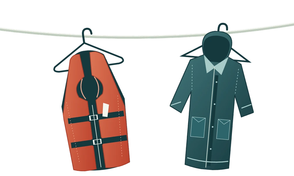 Gezeichnete rote Schwimmweste und blaugrüne Ölzeugjacke an einer Leine