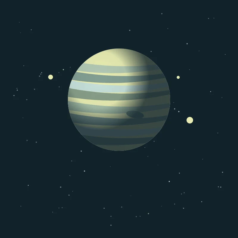 Illustration von Jupiter und seinen Monden vor einem dunklen Sternenhimmel.
