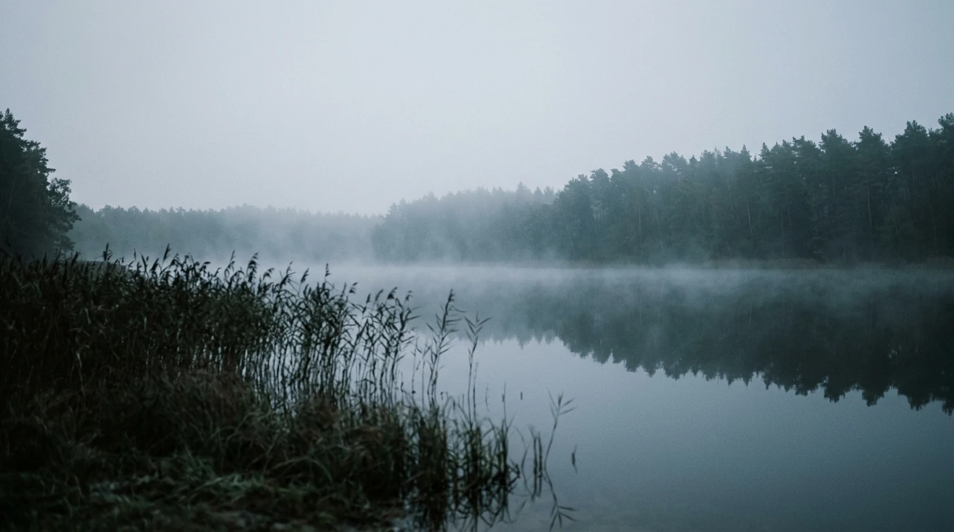 Dichter Morgennebel über einem stillen See, Schilf im Vordergrund, Kiefern am anderen Ufer.