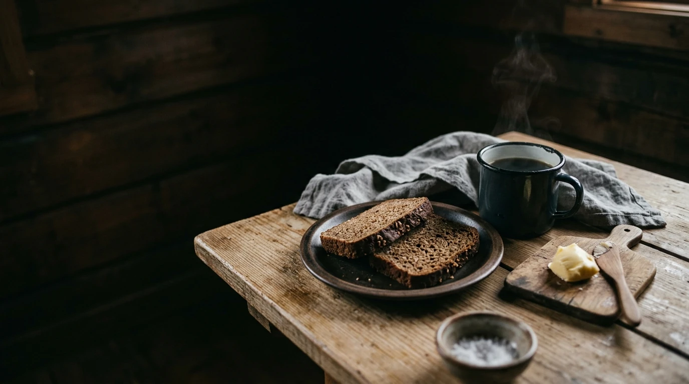 Ein Holztisch in einem dunklen Raum: ein Teller mit zwei Scheiben dunklem Brot, Butter auf einem Brett, ein Emaillebecher mit Dampf, eine Leinenserviette und ein Schälchen Salz.