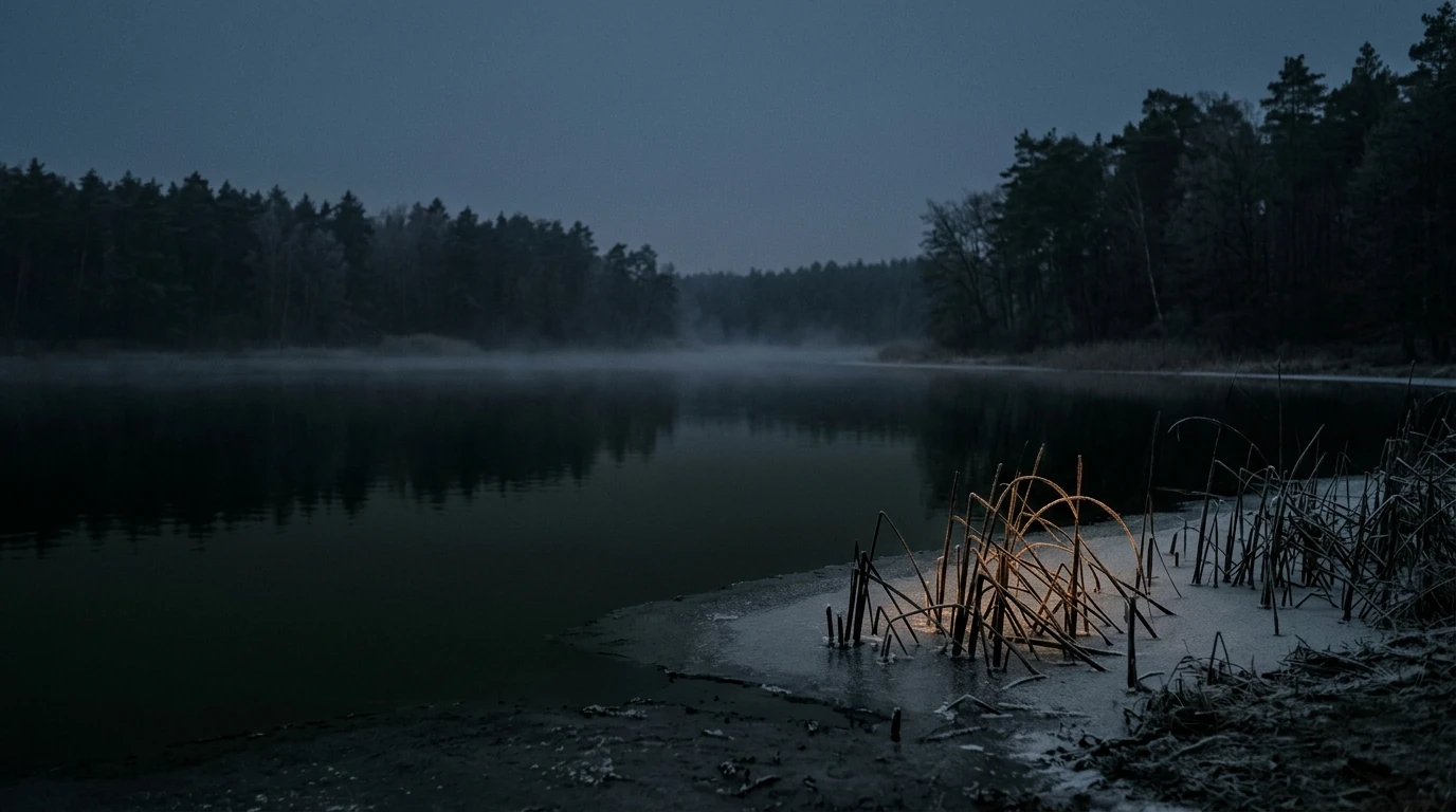 Ein Seeufer im Winter zur blauen Stunde: dünnes Eis am Rand, gefrorenes Schilf, dahinter offenes schwarzes Wasser und Kiefern im Nebel.