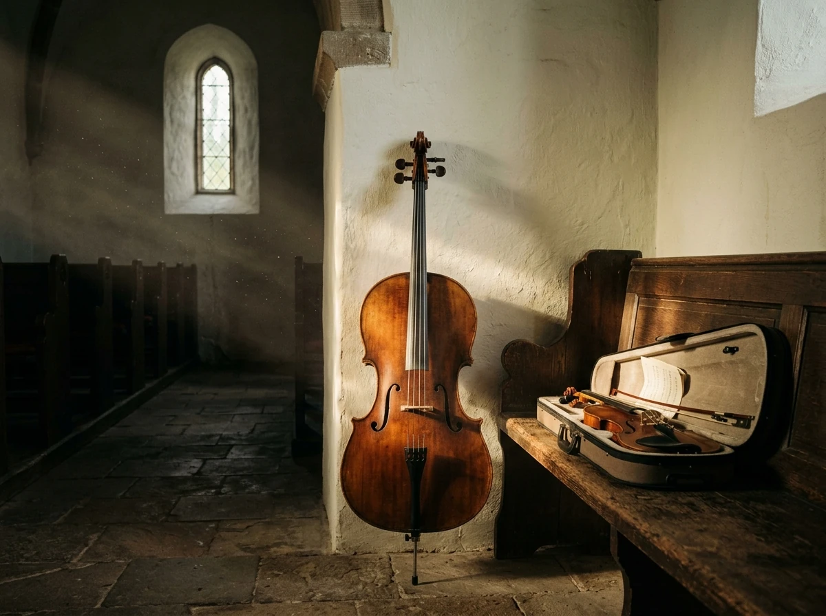 Ein Cello lehnt an der gekalkten Wand einer Dorfkirche, daneben auf der Bank ein offener Geigenkasten