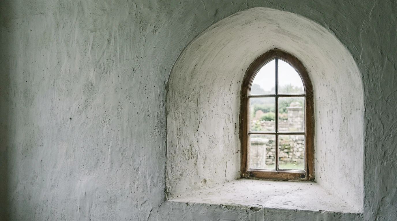 Gekalkte Wand mit tiefer, spitzbogiger Fensternische