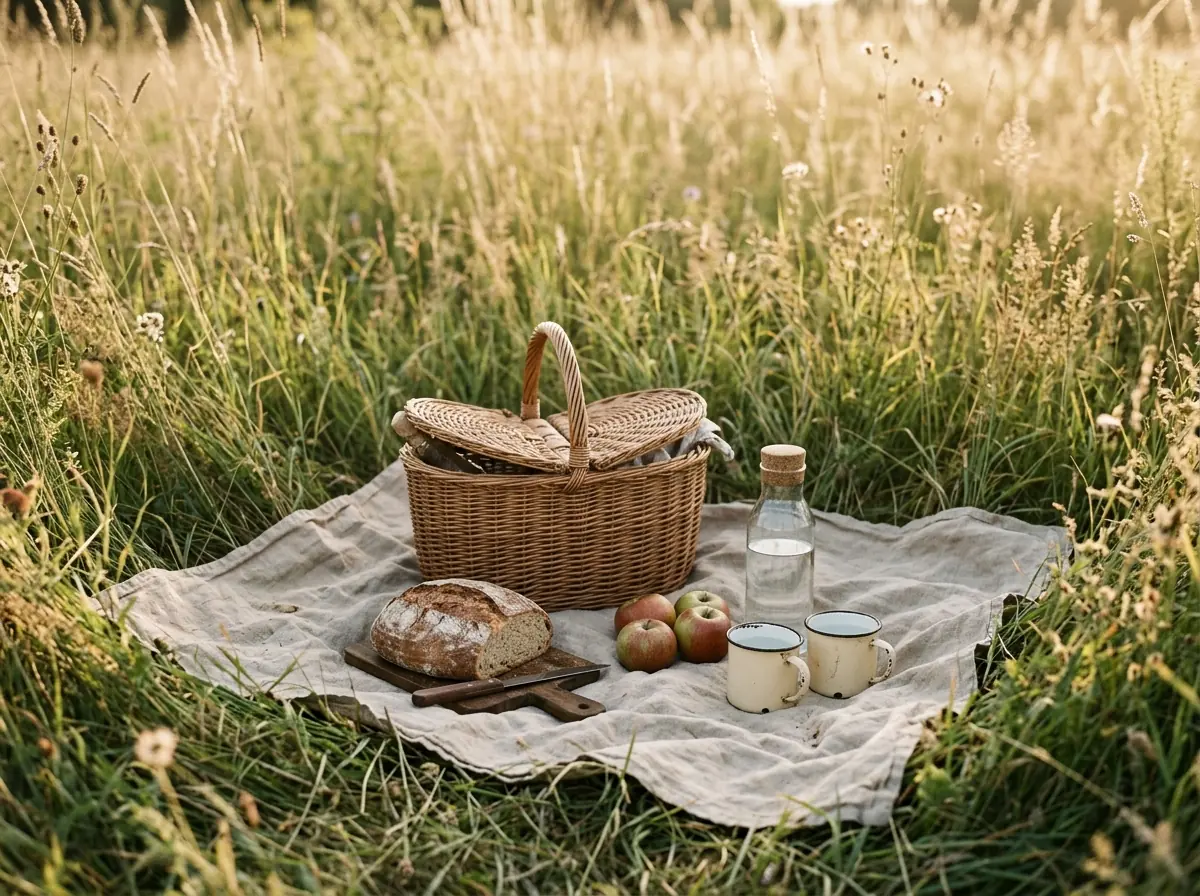 Leinendecke mit Weidenkorb, Brot, Äpfeln und zwei Bechern in hohem Wiesengras im Abendlicht