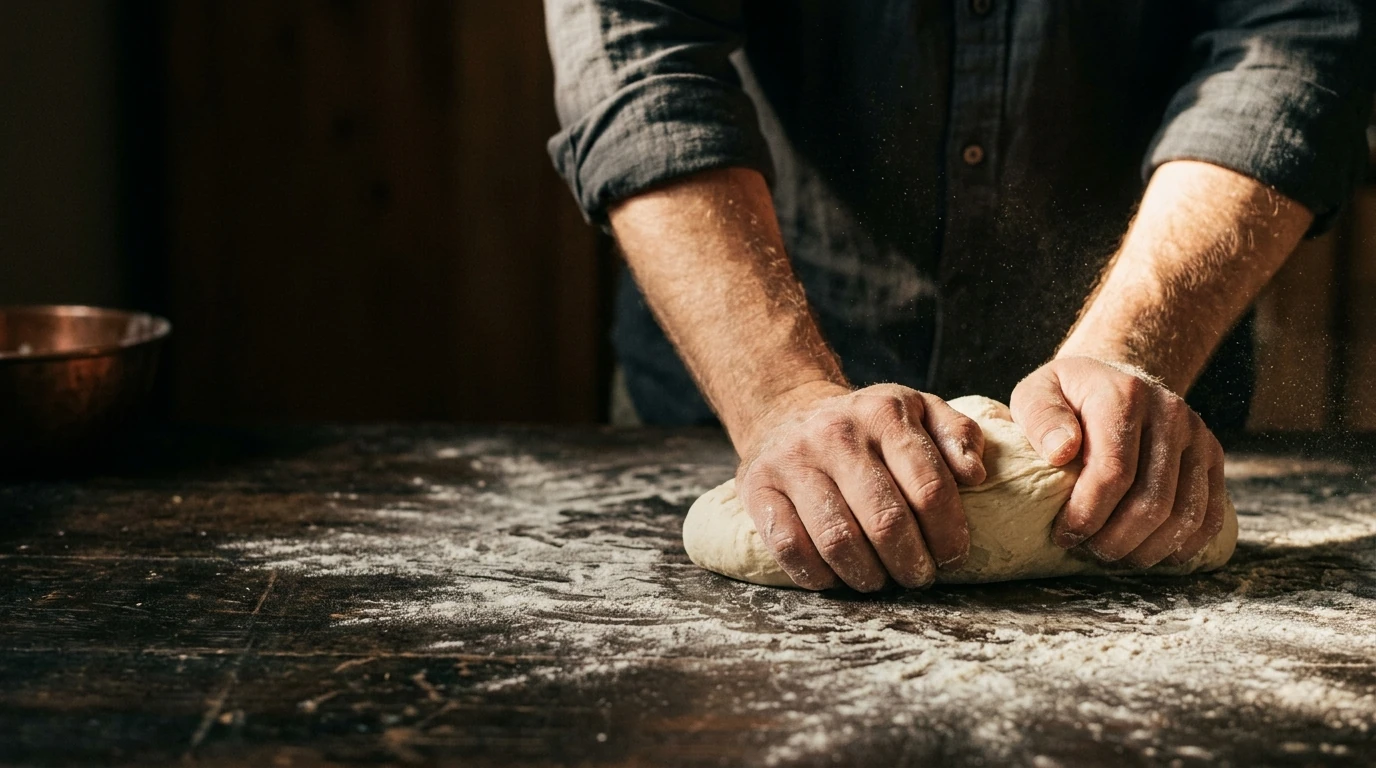 Zwei Hände kneten Teig auf einem bemehlten dunklen Holzbrett, Mehlstaub im Seitenlicht.